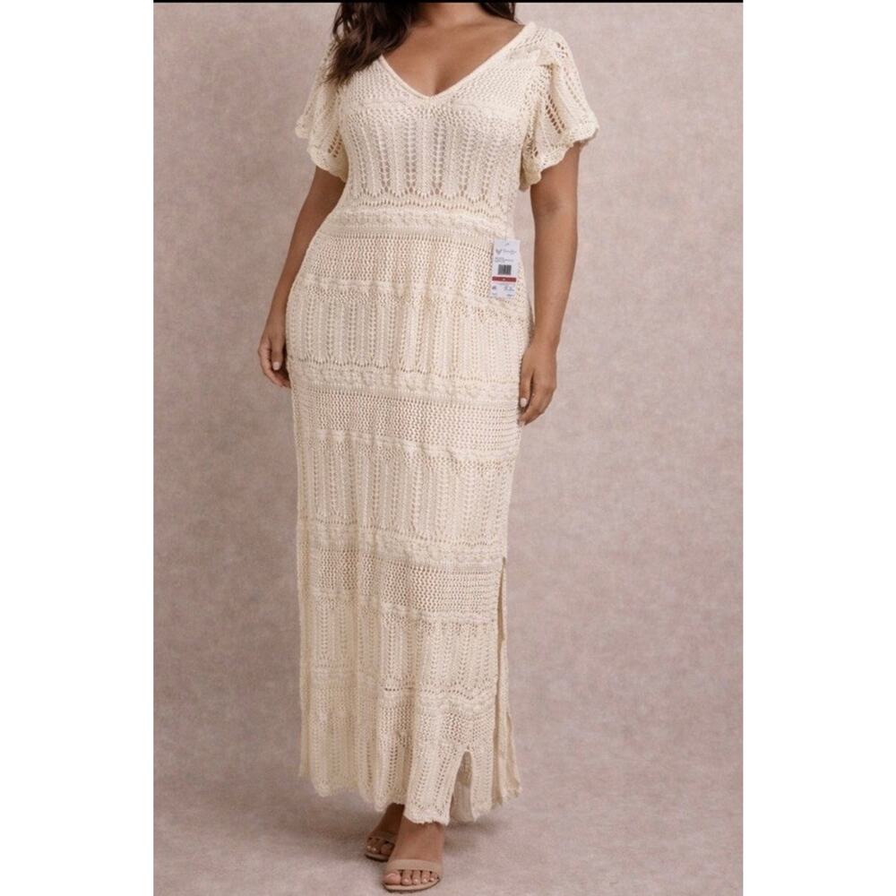 Crochet Maxi Dress Beige Boho Beach Cover Up Summer Size M Jessica Simpson